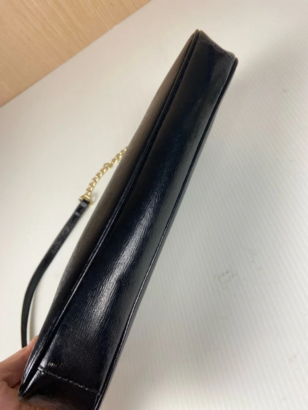 Michael Kors Black Leather Frame Clutch Gold Bar Handle Evening Bag Chain Strap